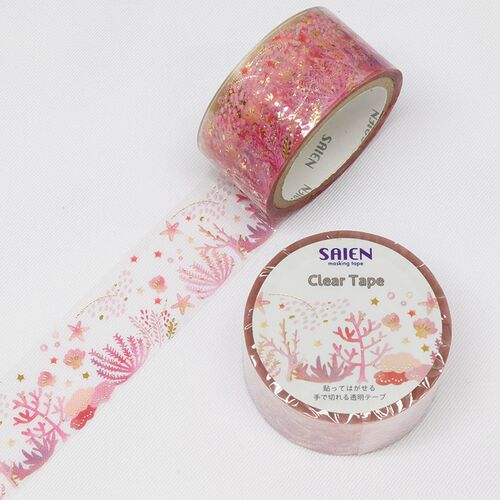 SAIEN クリアマスキングテープ ミシン目付き HR-1003 SEAZON 金箔 珊瑚 20mm×3m巻き
