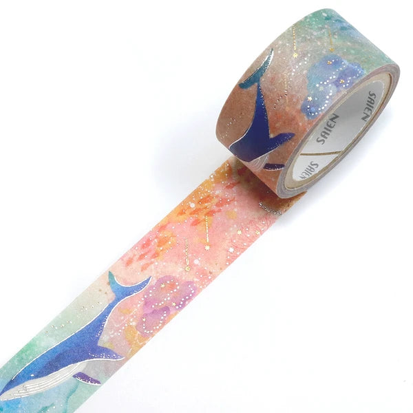 SAIEN マスキングテープ UR-3116 Marine Life クジラ 金箔&銀箔 20mm×5m巻き