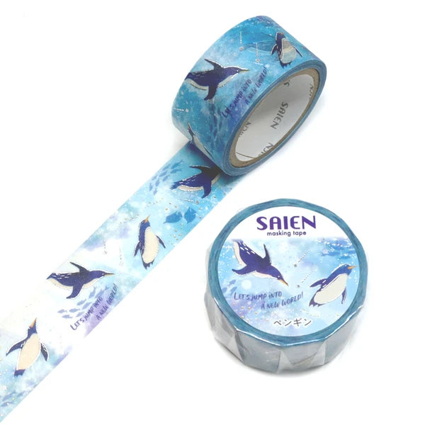 SAIEN マスキングテープ UR-3115 Marine Life　ペンギン　金箔＆銀箔 20mm×5m巻き