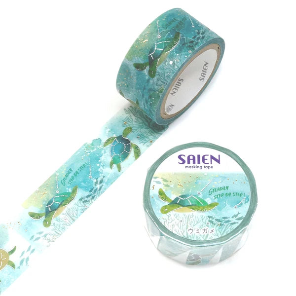 SAIEN マスキングテープ UR-3120 Marine Life　ウミガメ　金箔＆銀箔/20mm×5m巻