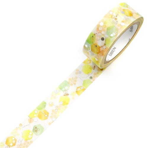 カミイソ産商 箔押しマスキングテープ UR-3095 【SAIEN 箔シリーズ】ハニカム｜手帳デコ 箔押し 花柄 イエロー グリーン