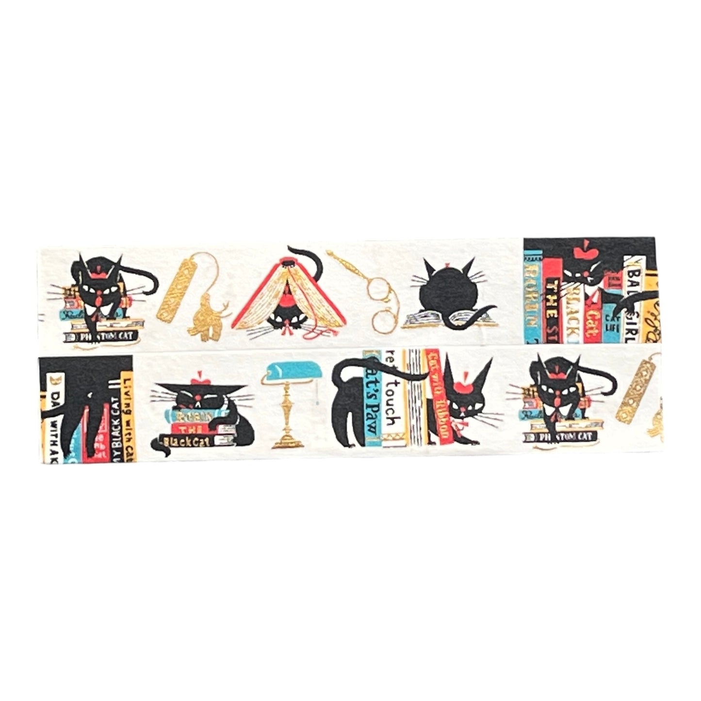 cozyca products 箔押しマスキングテープ 21-044 黒ねこ意匠 ROBIN'S　BOOKSTORE｜猫 本 古書店 ゴールド箔 コラージュ