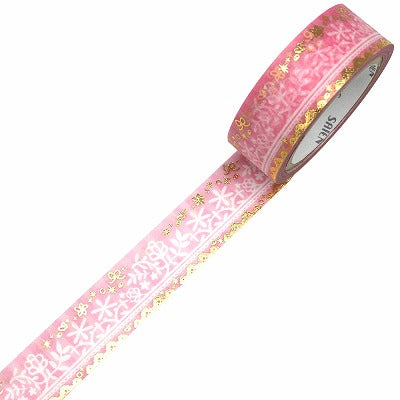 カミイソ産商 箔押しマスキングテープ UR-3053 【SAIEN 箔シリーズ】Flower lace｜ピンク 花柄 箔押し 手帳デコ ナチュラル